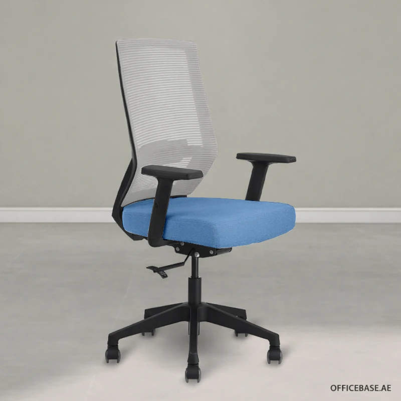 PREVIYA Mid Back Workstation Chair | Black Nylon Base | Silver Grey | Persian Blue